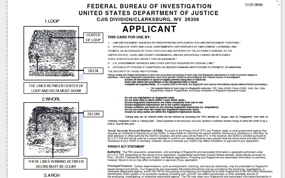 FBI fingerprint background check form screenshot to find out what goes on a criminal record. 