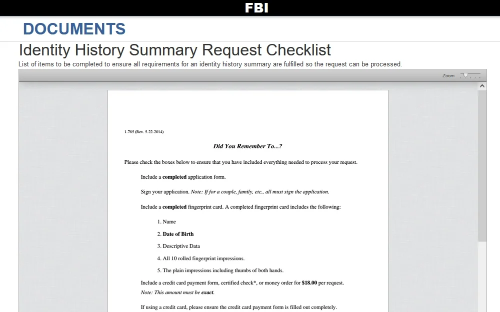 FBI Identity History Summary checklist screenshot. 