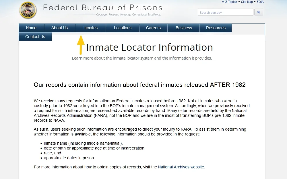 Federal Bureau of Prisons Inmate locator website screenshot, with arrow pointing to how to find out if someone is a felon. 