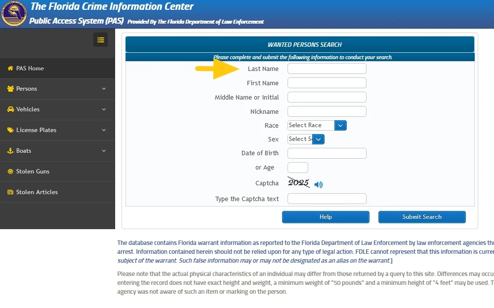 Florida Crime Information Center Public Access System screenshot with yellow arrow pointing to warrant search process. 