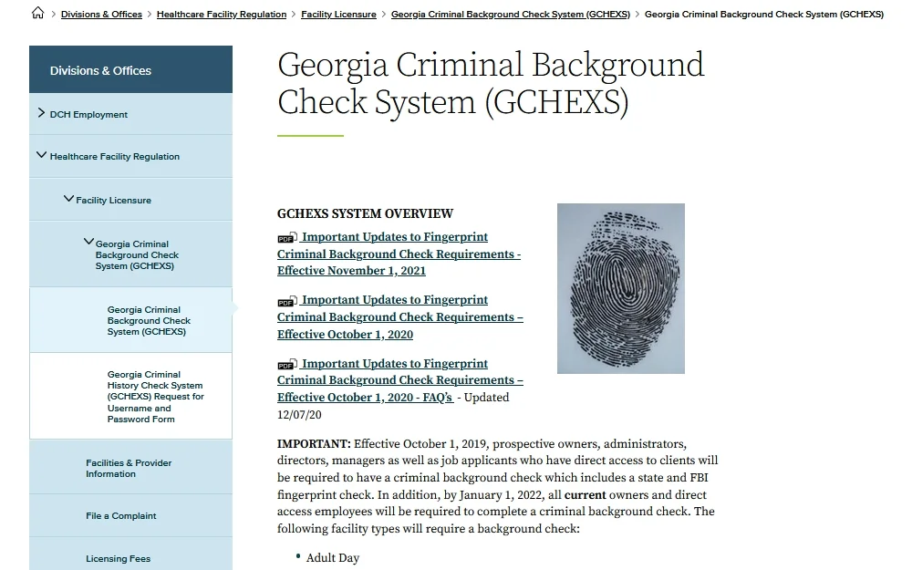 Screenshot of the Georgia Criminal Background Check System page, with links to fingerprinting and other documents. 