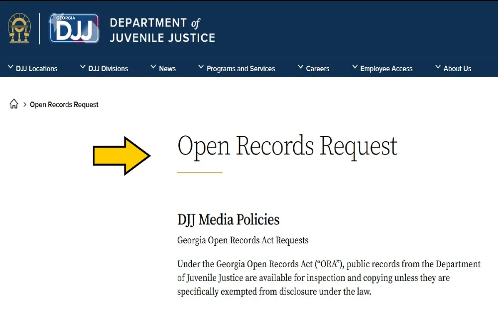 Georgia Department of Justice Open records request website screenshot showing can a juvenile record be used against you. 