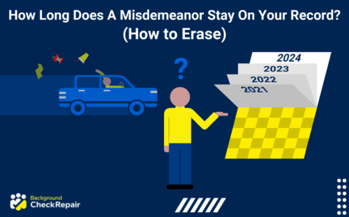 Blue car littering on the upper left committing a misdemeanor criminal offense as a book of calendar pages is flipping through the years on the right, with a man in the middle wondering how long does a misdemeanor stay on your record?