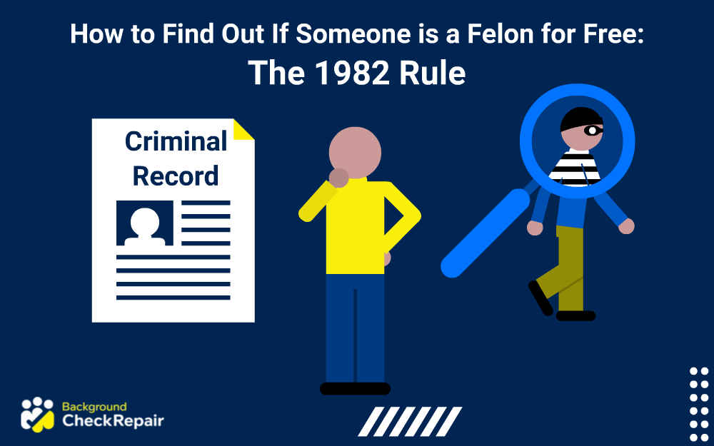 Criminal record document on the left as an inmate walks away to the right and a man in the middle wondering how to find out if someone is a felon free.