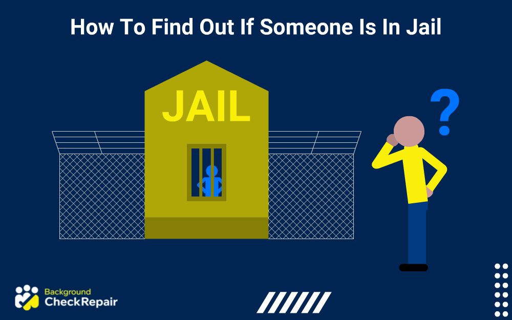 Man in a yellow shirt on the right looking at a jail cell outside of a prison with a criminal in a blue jump suit behind bars, wondering how to find out if someone is in jail.