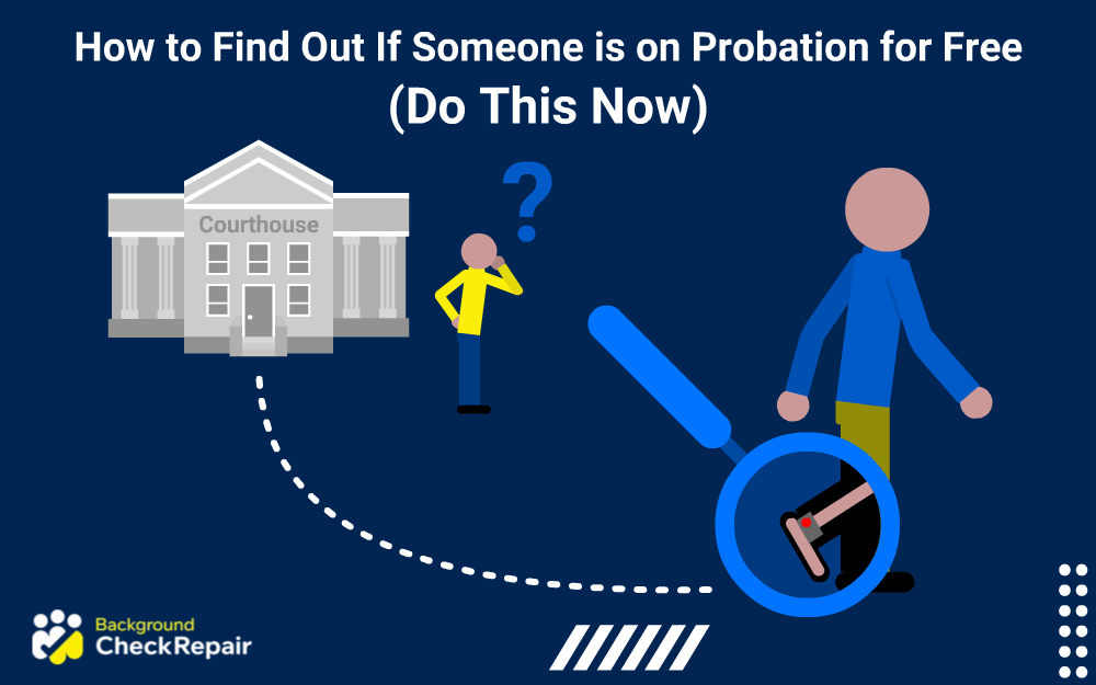 Man with a hidden GPS ankle bracelet walking away from a courthouse after a criminal records hearing as another man behind him wonders how to find out if someone is on probation, marked by a question symbol above his head.