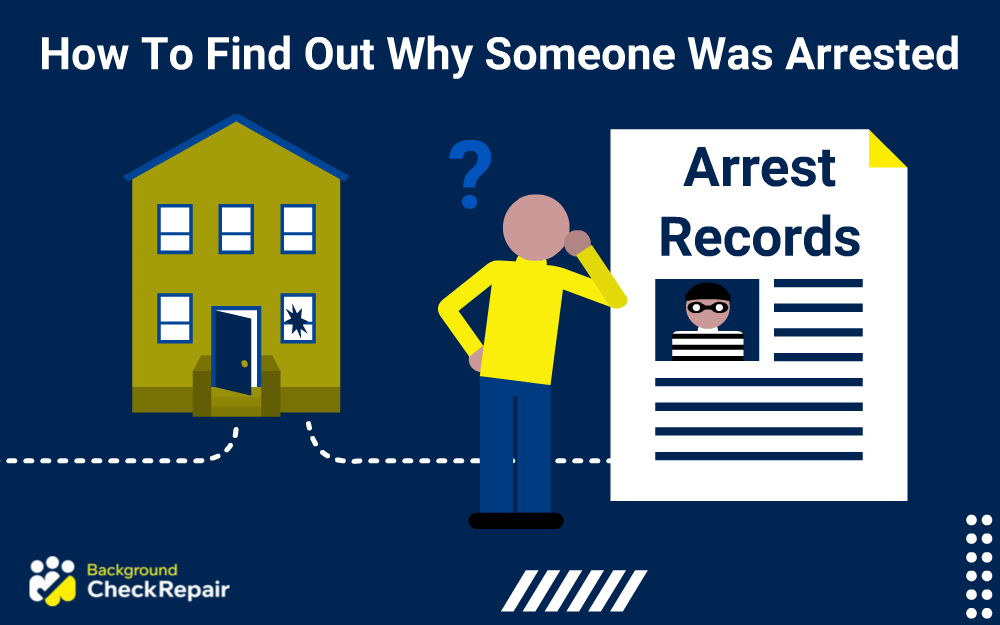 Burglarized home in the background with a man in a yellow shirt looking at criminal background check with arrest records to learn how to find out why someone was arrested.