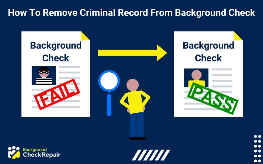 Man standing between a background check document with a red fail stamp on it and another check with a green pass stamp and a yellow arrow showing how to remove criminal record from background check.