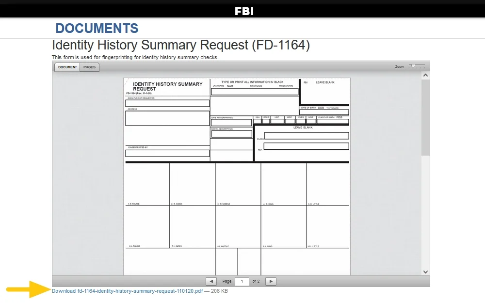 FBI Identity History Summary document download page with yellow arrow, screenshot. 