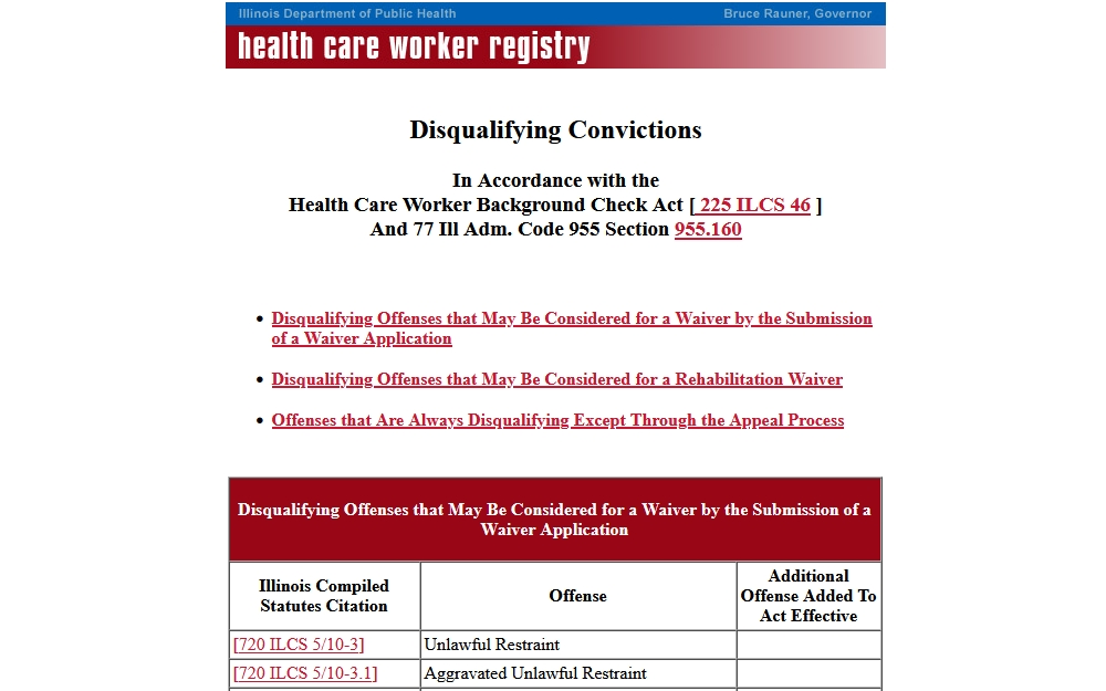 Health Care worker registry of disqualifying crimes on a background check, Illinois. 