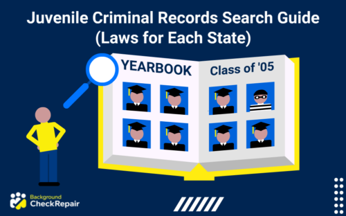 Man in yellow shirt on the left with a large magnifying glass performing a juvenile criminal records search on a large yearbook of high school students and minors.