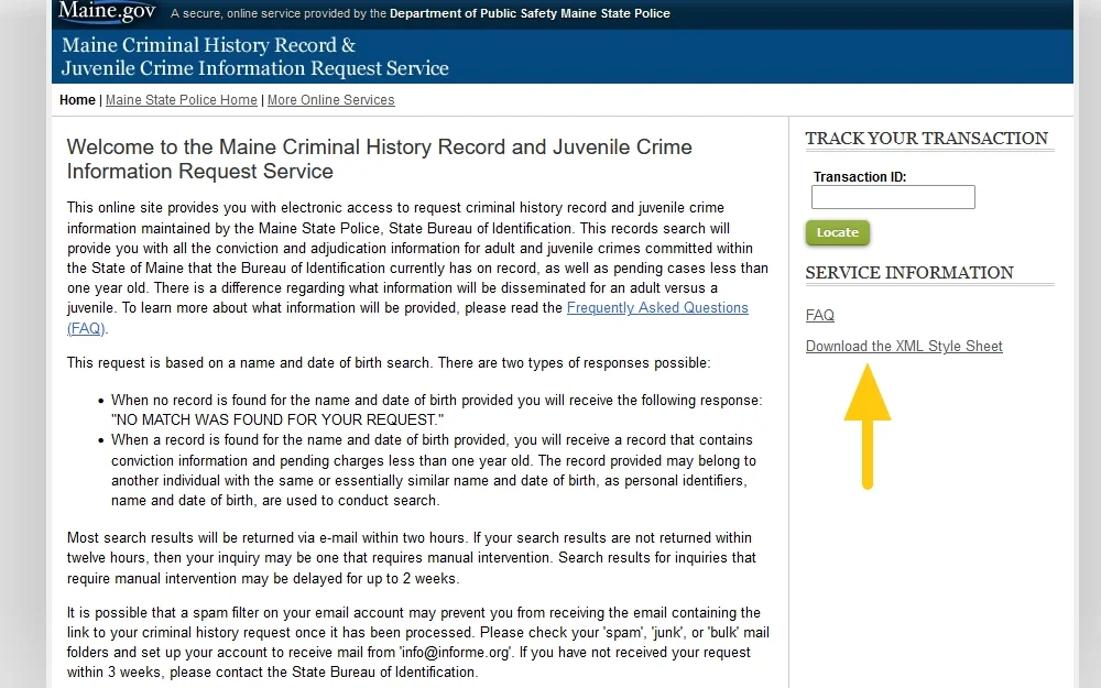 Maine Criminal History Record website screenshot with arrow pointing to search options for how to find out if criminal charges are filed. 