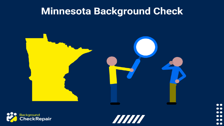 Man in the middle holding a magnifying glass up towards a man on the right, with the state of Minnesota background check symbol on the left.