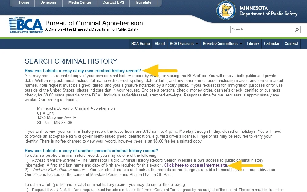 Bureau of Criminal Apprehension, Minnesota Dept. of Public Safety website screenshot with arrows pointing to resource links. 