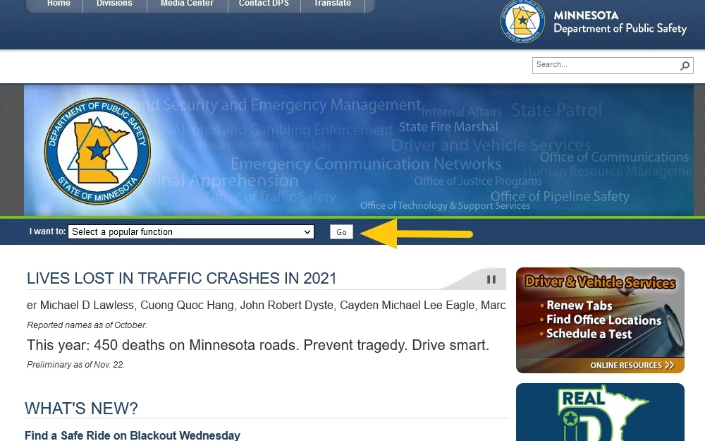 Minnesota background check Department of Public Safety website screenshot with yellow arrow pointing to search bar. 