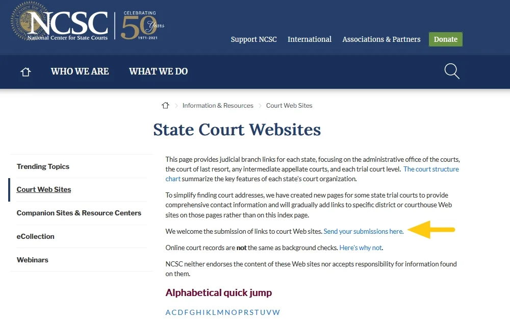 National Center for State courts website screenshot with arrow pointing to resources. 