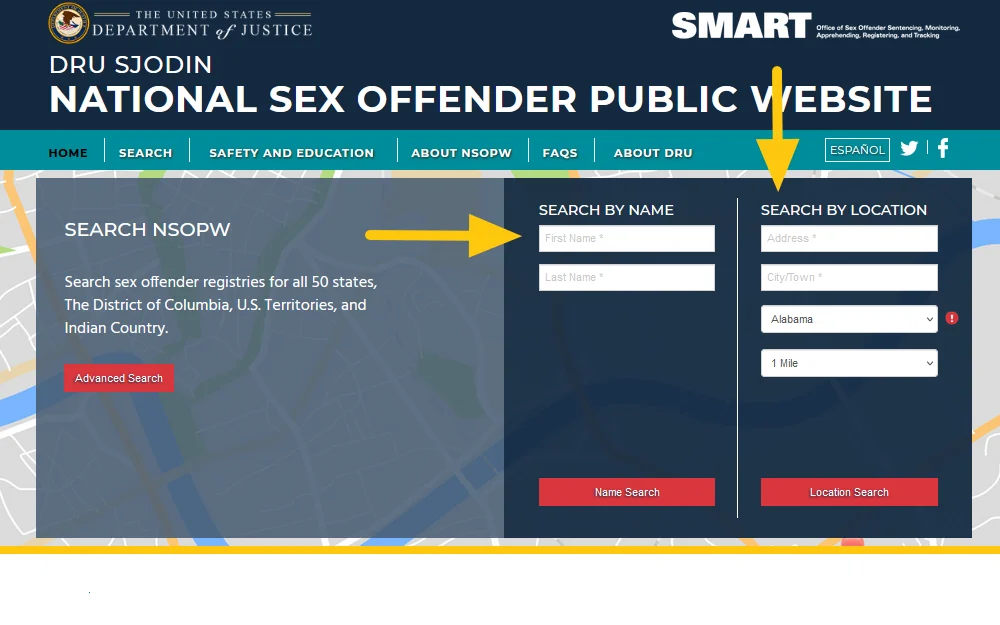 Screenshot of the national sex offender registry website, with yellow arrows pointing ot the name and address search features. 