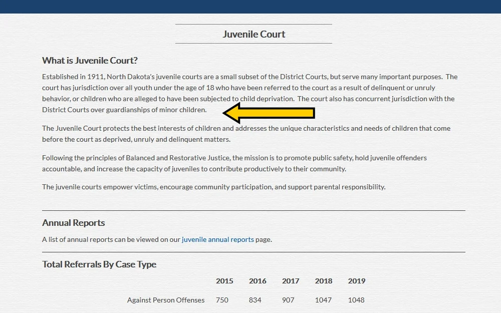North Dakota Courts website screenshot outlining juvenile criminal records search conditions. 