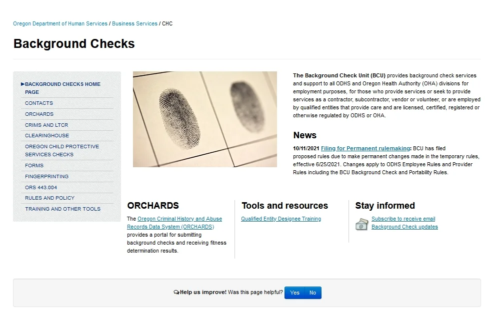 Oregon Department of Human Services Background Checks website page screenshot. 