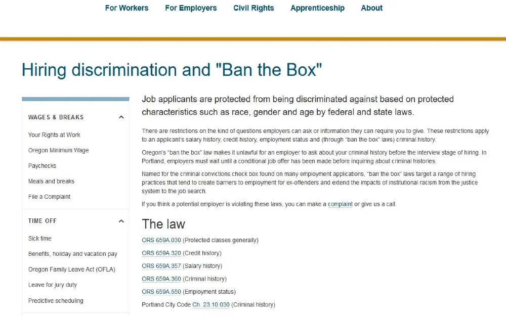 Oregon Department of Labor and Industries website screenshot explaining ban the box law. 