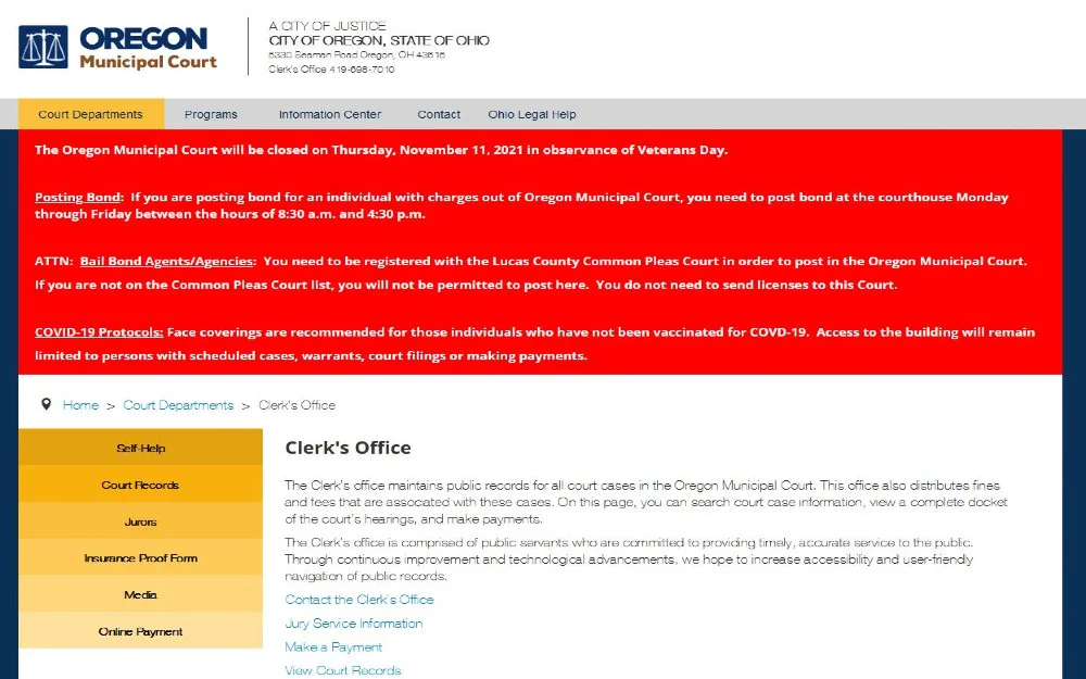 Oregon municipal court website screenshot with current updates for 2021. 