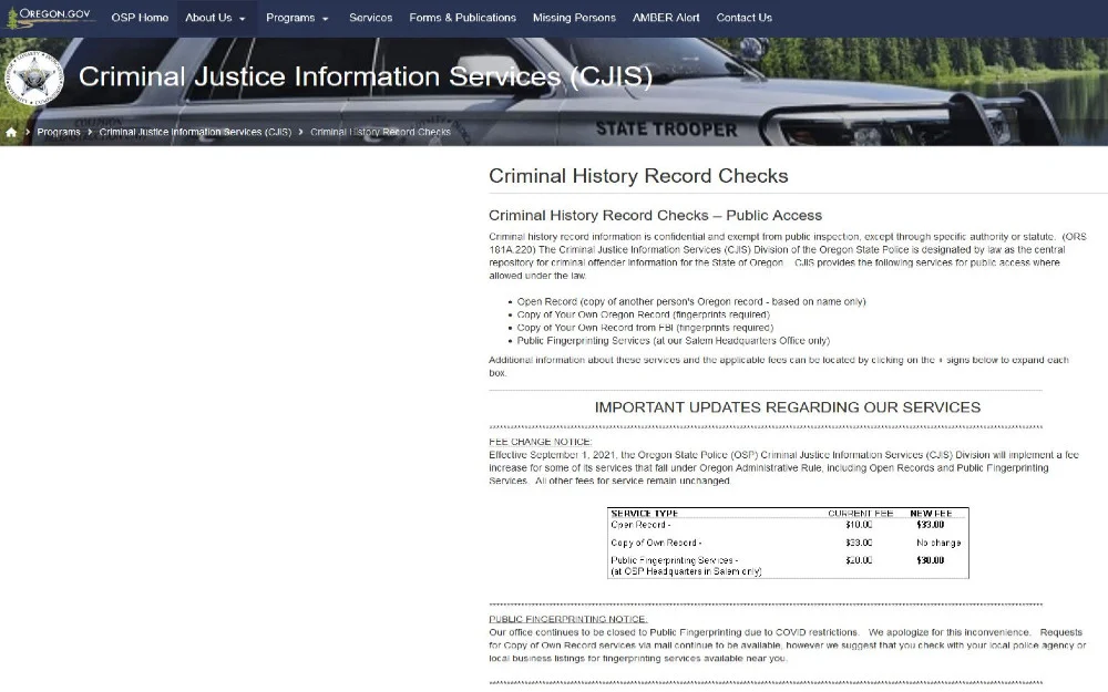 Oregon state police criminal Justice Information Services wesite screenshot. 
