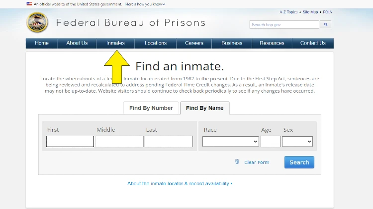 Federal Bureau of Prisons Inmate locator website screenshot, with arrow pointing to how to find out if someone is a felon.