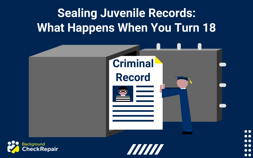 Man wearing a graduation outfit while sealing juvenile records by pushing a criminal background check document into a giant safe responsible for storing juvenile record searches.
