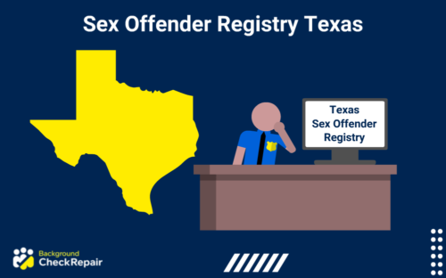Yellow State of Texas on the left, police officer behind a desk on the right with a computer screen open to sex offender registry Texas records.