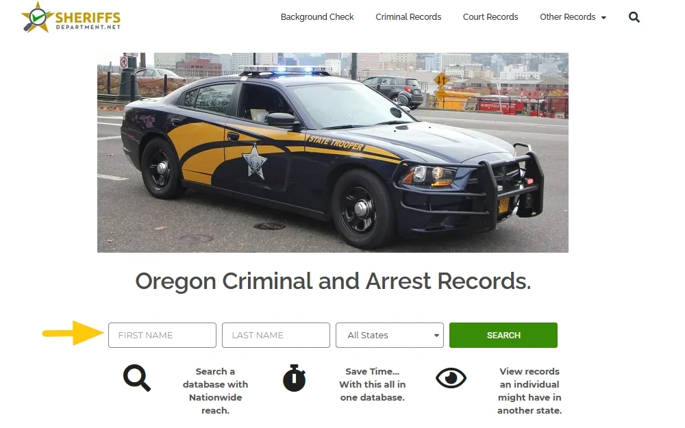 Website Screenshot of sheriffs department arrest records, oregon search tool. 
