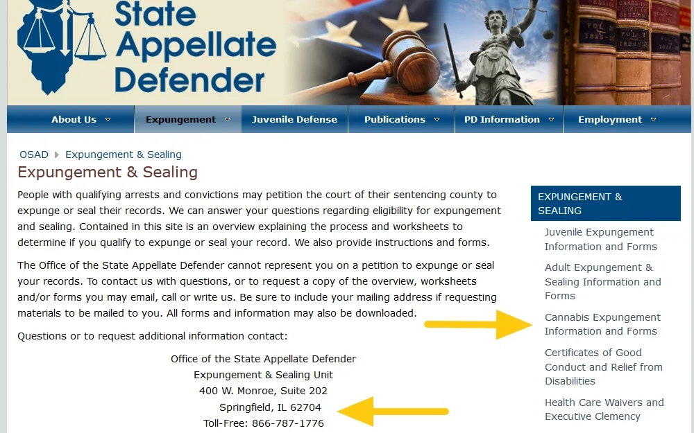 Illinois State Appellate Defender website screenshot with yellow arrows pointing to resources. 