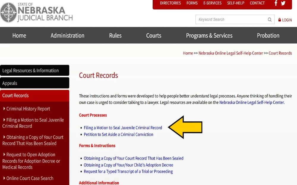 State of Nebraska Judicial Branch website screenshot. 