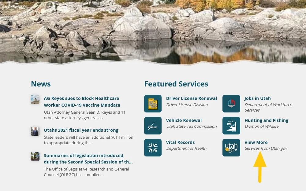 State of Utah website screenshot with yellow arrow pointing to resource. 