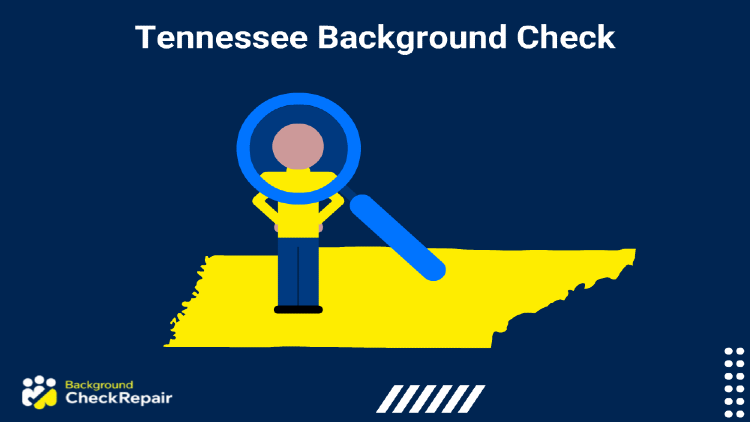 Magnifying glass inspecting a man's past for criminal records as he stands on the yellow state of Tennessee background check process.
