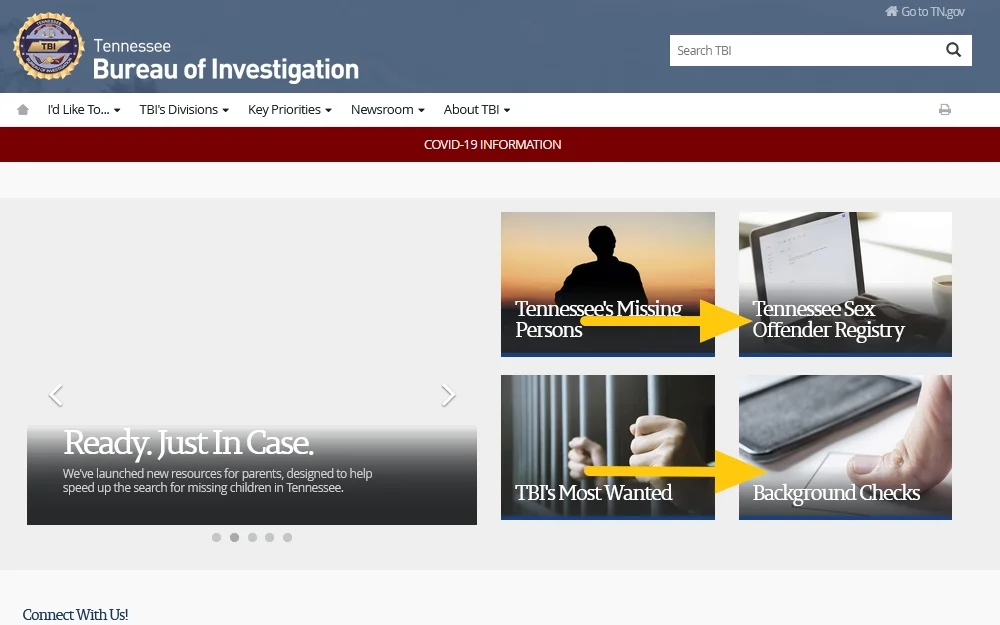Screenshot of TBI Website with yellow arrows pointing to sex offender registry and Tennessee background check tools. 