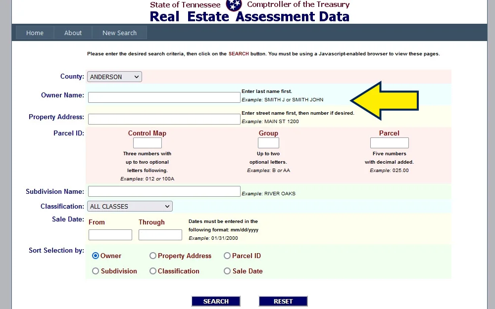 Tennessee State Comptroller's office website real estate assessment data screenshot. 