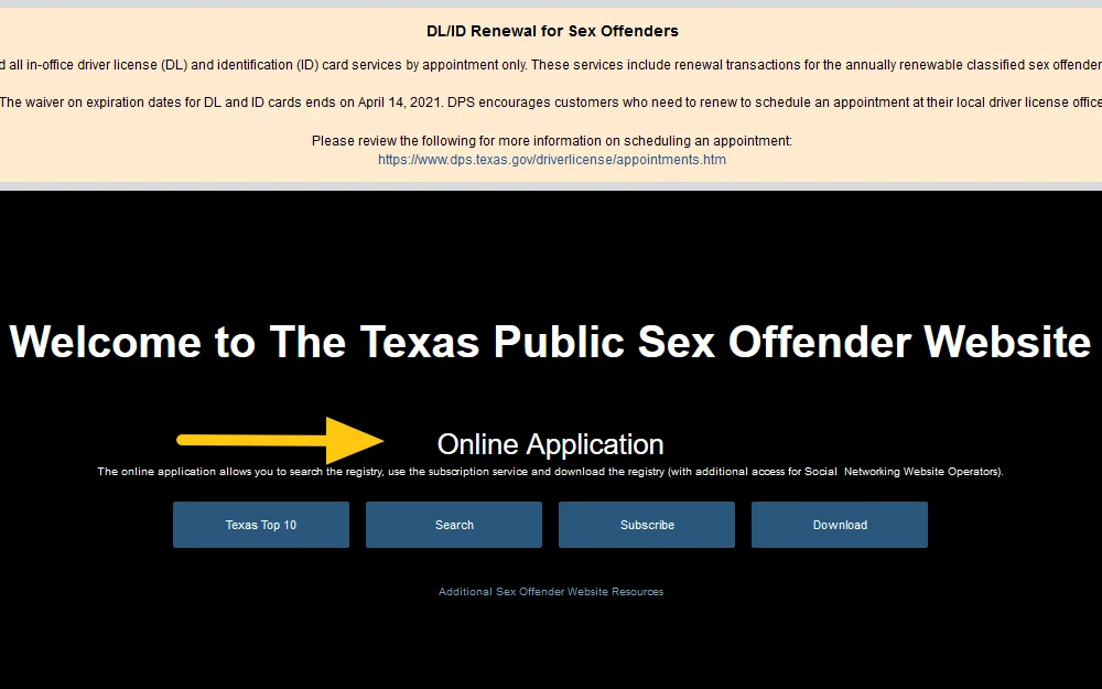A screenshot of the pubic sex offender registry, Texas website, with yellow arrow pointing to the online application. 