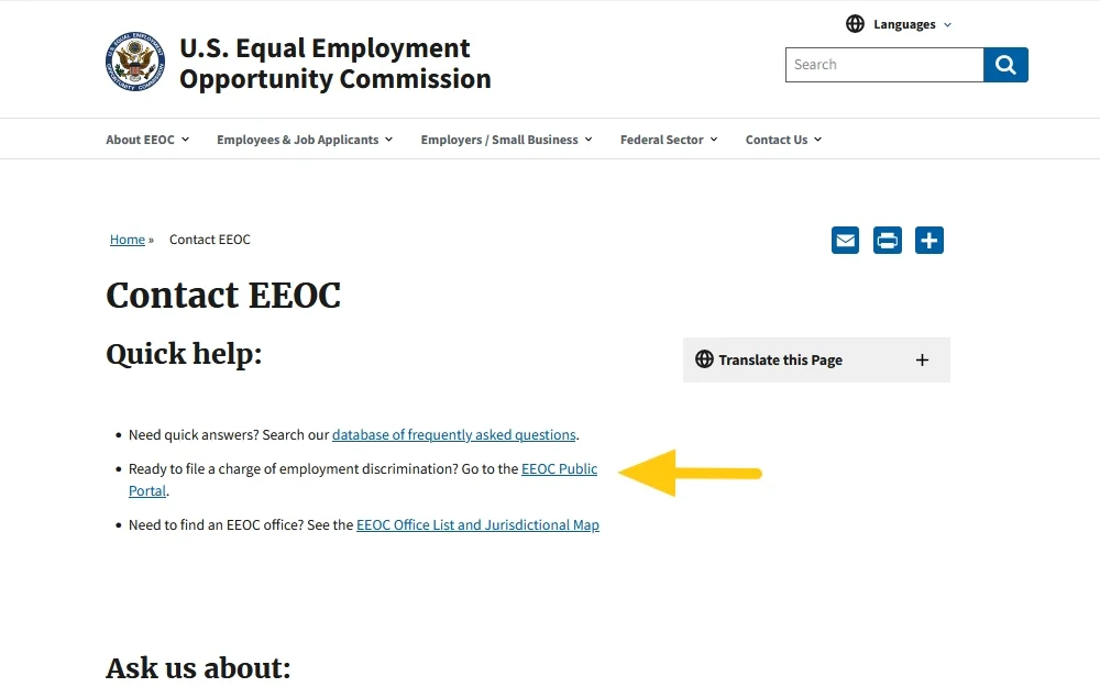 US Equal Employment Opportunity Commission website screenshot with arrow pointing to resource. 