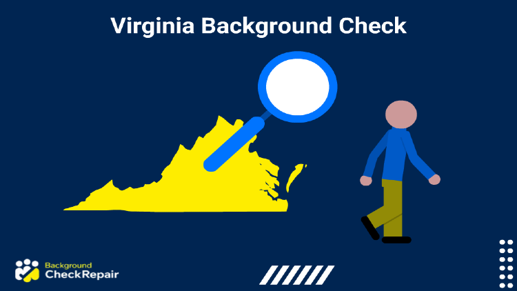 Man in mustard color pants walking toward the right with a magnifying glass searching behind him during the state of Virginia background check investigation conducting a criminal records check.
