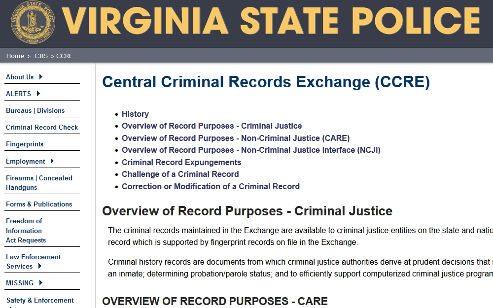 Virginia state police website with links to Virginia background check resources screenshot. 