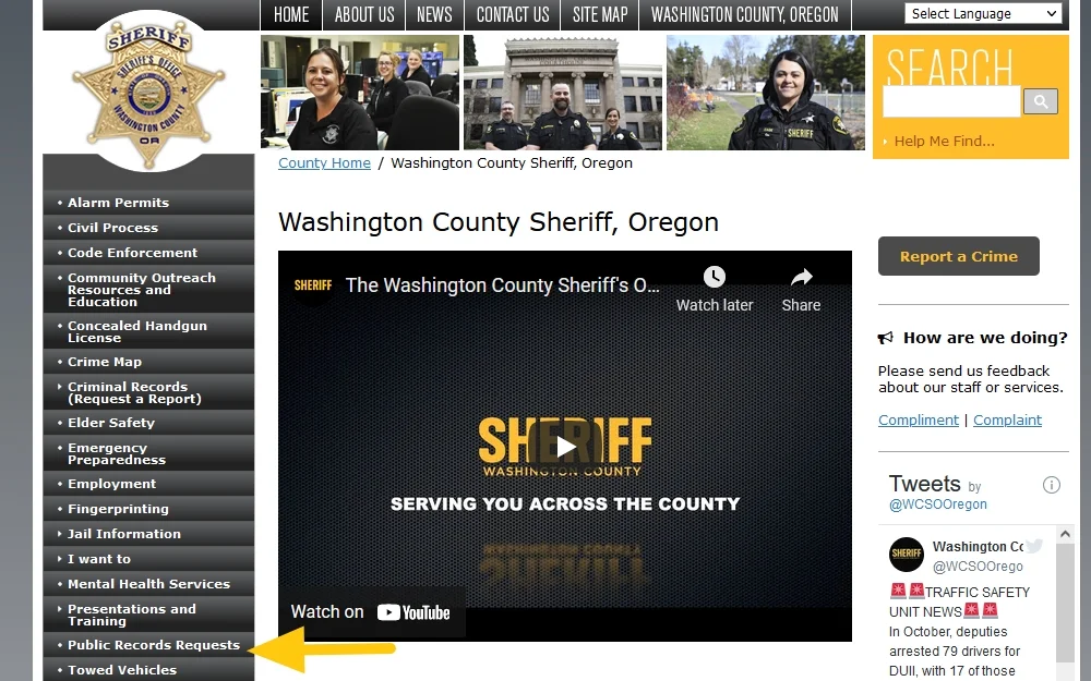Washington County Sheriff's Deaprtment screenshot with yellow arrow pointing to arrest records, Oregon search. 