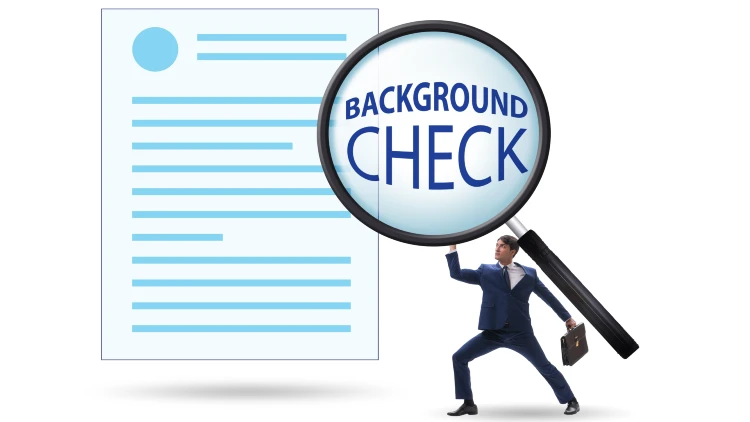 A man in a suit holding a huge magnifying glass emphasizing the words background check.