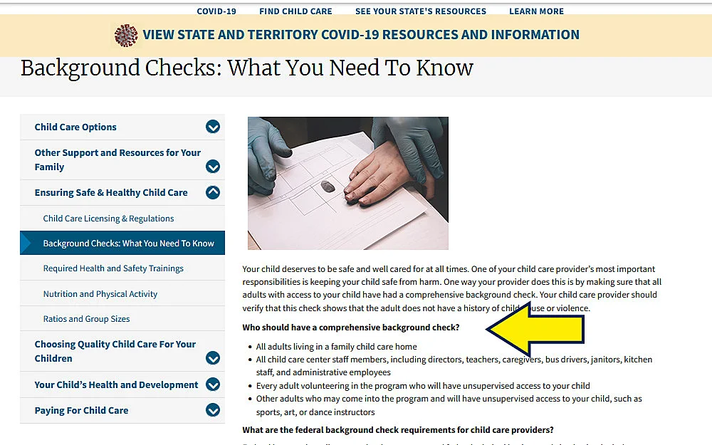 Background check process for working around children government website screenshot. 