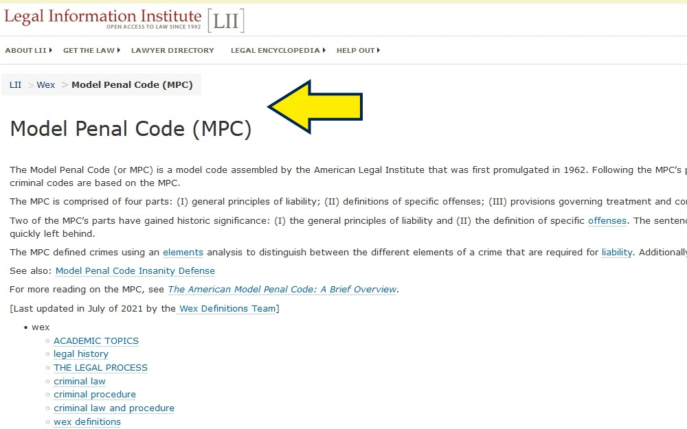 Cornell Law School website outlining links to the Model Penal Code.