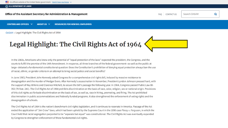 Screenshot of the US DOL website with a yellow arrow pointing to the title: legal highlight of the Civil Rights Act of 1964.