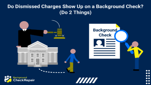 Judge behind a court building filled with public records allowing a man to leave after a dismissed case while an onlooker on the right wonders do dismissed charges show up on a background check as he reviews a criminal record document with a magnifying glass.