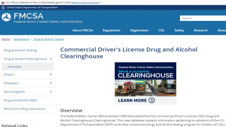 Screenshot of FMCSA Commercial Driver's License Drug and Alcohol Clearinghouse website overview.