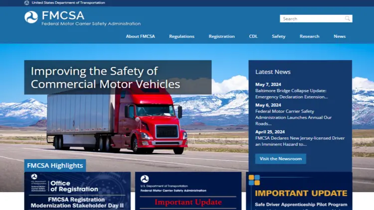 Screenshot of Federal Motor Carrier Safety Administration website Improving the Safety of Commercial Motor Vehicles page.