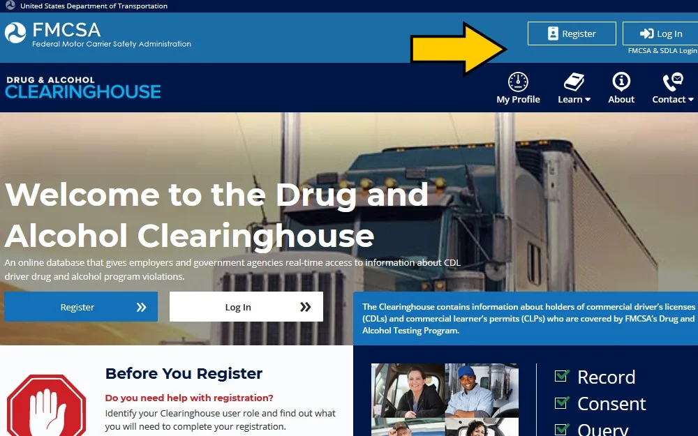 Federal motor carrier safety adminsitration website drug clearinghouse resource with arrow pointing to registry for a dot background check. 