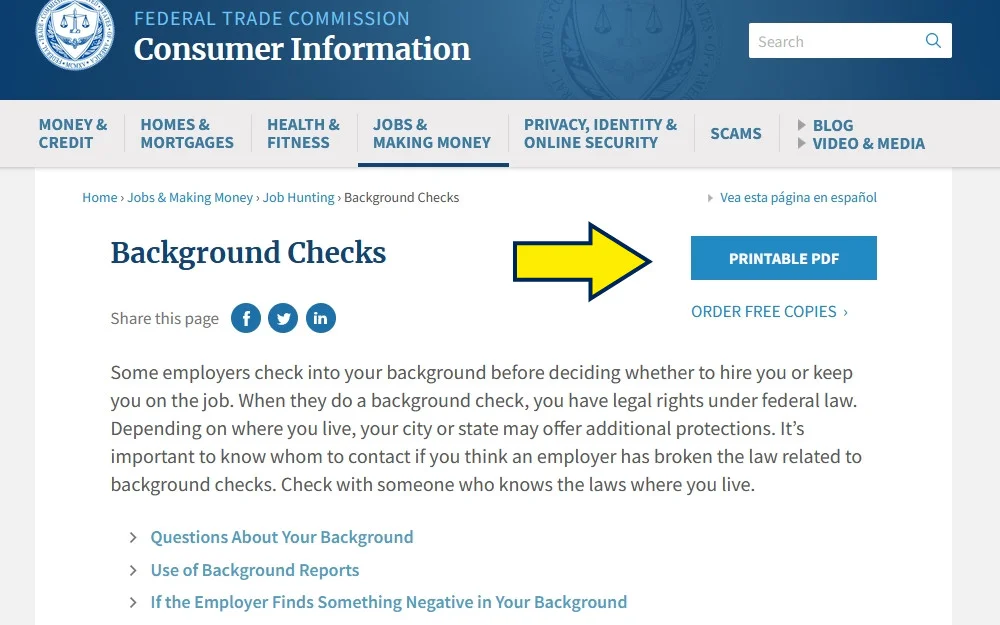 UN Federal Trade Commission website screenshot with yellow arrow pointing to resources that answer 'how do I know if I passed my background check?'